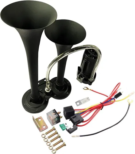 Vista 7 de GAMPRO Bocina de aire de 150db 12V, trompeta doble de zinc cromado con compresor para cualquier vehículo de 12 V (negro)