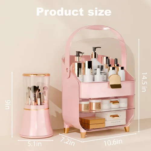 Vista 3 de Organizador de maquillaje para encimera con tapa y cajones, caja grande de exhibición de cosméticos para cuidado de la piel, soporte para escritorio