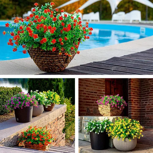 Vista 8 de Flores artificiales para exteriores, 8 paquetes de flores falsas resistentes a los rayos UV, flores sintéticas de plástico para exteriores, plantas