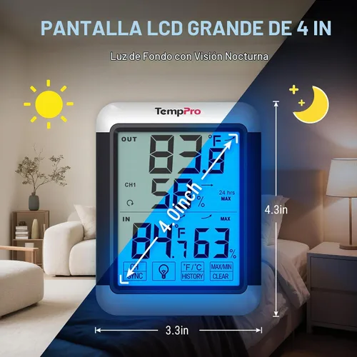 Vista 4 de ThermoPro TP65 Termómetro de Interior y Exterior, Higrómetro Digital Inalámbrico, Monitor de Humedad de Temperatura con Pantalla Táctil Jumbo