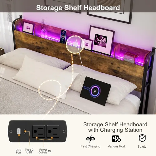 Vista 5 de IKIFLY Base de cama tamaño King con cabecera de estante de almacenamiento y Marrón rústico