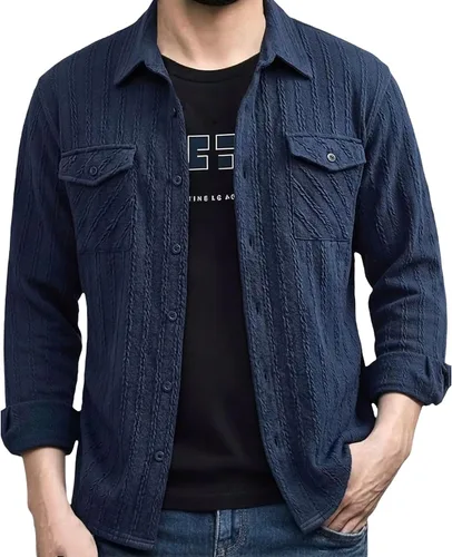 Vista 40 de Camisas con botones para hombre, casual, de manga larga, con cuello jacquard, texturizada, ligera, sobrecamisa, sobrecamisa