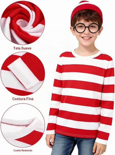 Vista 2 de URATOT Conjunto de disfraz de Halloween para niños, camiseta a rayas rojas y blancas, gorro, gafas de nerd