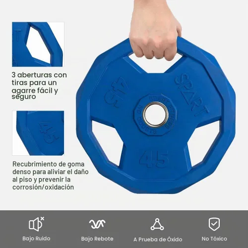 Vista 4 de SPART Placa de peso con código de color de 2 pulgadas, placa de agarre olímpico con revestimiento de goma para barra, placas de peso de hierro 9.9