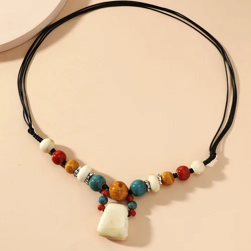 Vista 3 de ERLOSYA Collar tribal bohemio en capas para mujer, estilo retro, collar trenzado turquesa, a la moda, cordón ajustable de cáñamo, cuentas