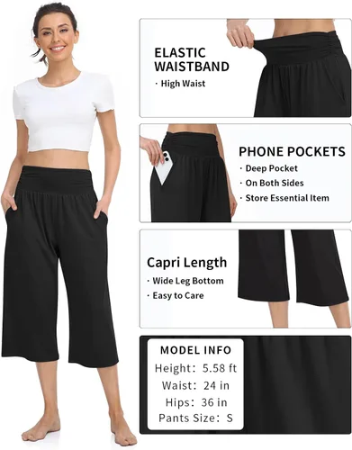 Vista 5 de TARSE Pantalones capri de cintura alta para mujer, pantalones casuales de pierna ancha, pantalones de yoga sueltos y suaves con bolsillos