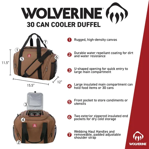 Vista 2 de Bolsas de lona con enfriador Wolverine Capacidad para 30 latas Aisladas Reutilizables Resistente Ajustable Para viajes Sitio