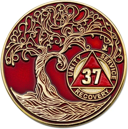 Vista 98 de 1 año Sobriety Mint Twisted Tree of Life Medallón de recuperación AA chapado en oro, chip/ficha - negro