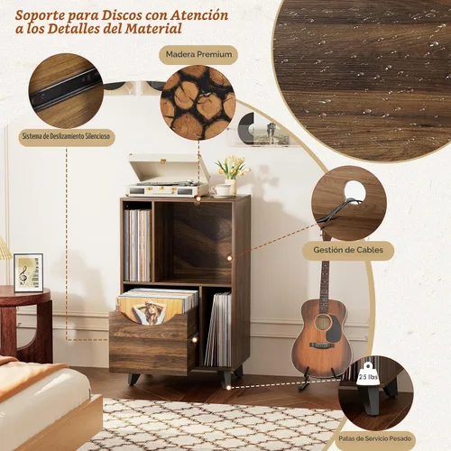 Vista 5 de Bikoney - Soporte para tocadiscos con almacenamiento de vinilo, nogal