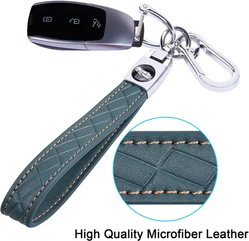 Vista 2 de Llavero de cuero de microfibra para automóvil, llavero de cuero con 3 llaveros y 1 destornillador para hombres y mujeres, color azul y gris