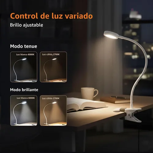 Vista 2 de LEPOWER Luz de clip, lámpara de lectura de libros para escritorio, cabecera Blanco