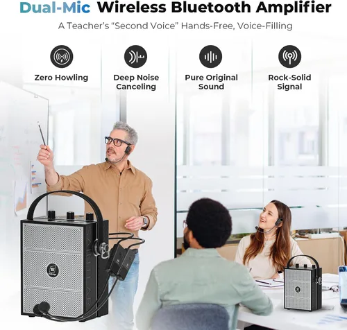 Vista 3 de Amplificador de voz de 50W con 2 micrófonos con auriculares, micrófono con altavoz, sistema de sonido portátil con micrófono, altavoz Bluetooth