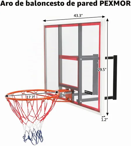 Vista 6 de PEXMOR Juego combinado de baloncesto de 43.3 x 29.5 pulgadas, aros de tablero y borde de portería, tablero de policarbonato inastillable, marco