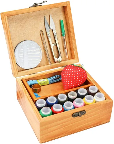 Vista 3 de Kit de costura, caja de madera para adultos, cesta de costura de madera con accesorios, kit de reparación de costura para principiantes, mujeres
