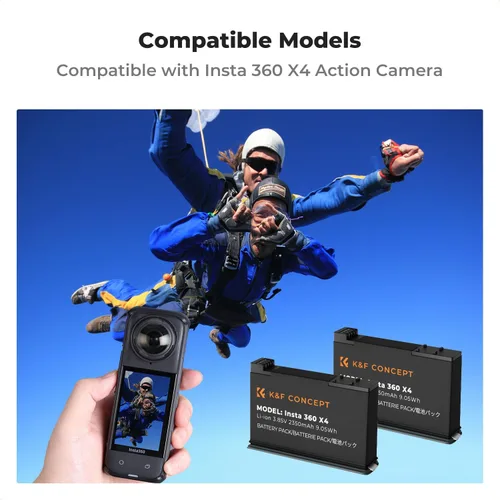 Vista 3 de K&F CONCEPT Batería de 360 x 4, paquete de 2 baterías X4 y cargador LED rápido compatible con cámara de acción Insta360 X4