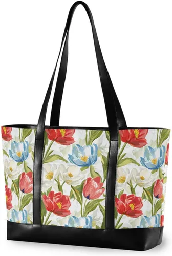 Vista 4 de Spring Flowers White Red Simple Computer Tote with Zipper Structured Tote for Teacher with Lunch maletin ejecutivo para mujer