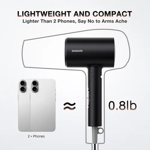 Vista 4 de BABONIR 1875W Hair Dryer with Diffuser, Ionic Foldable Blow Dryer, Black Fast Drying for All Hair Types, 3 Heat & 2 Speed, Concentrator &