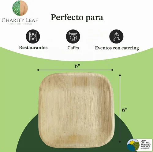 Vista 4 de Platos cuadrados desechables de hoja de palma Charity Leaf de 6" (15 cm) (50 piezas) Platos de servir tipo bambú, tablas desechables, vajilla