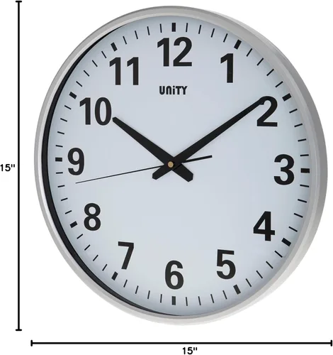 Vista 2 de Unity Tejo - Reloj de pared extra grande, esfera transparente de 15 pulgadas, manecillas de barrido ultra silenciosas, color plateado