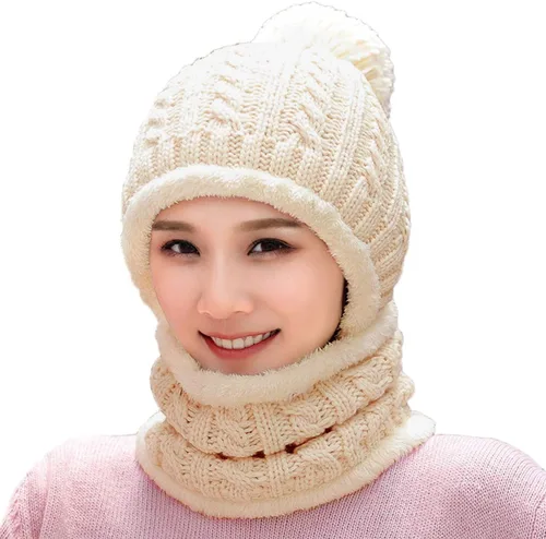Vista 9 de Gorro de Invierno para Mujer de Una Pieza con Forro Polar Pasamontañas de Punto Conjunto con Bufanda Circular para Cuello Gorro de Esquí para Nieve