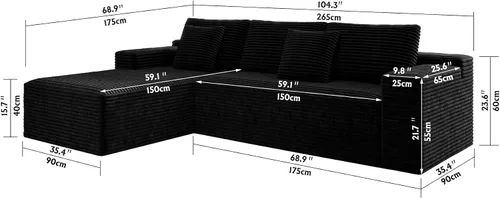 Vista 2 de 68.9" Sectional Couches, Upholstered Modular Compressed Couch, Plush Corduroy Fabric, 2PC Free Combination, No Assembly Required for Living