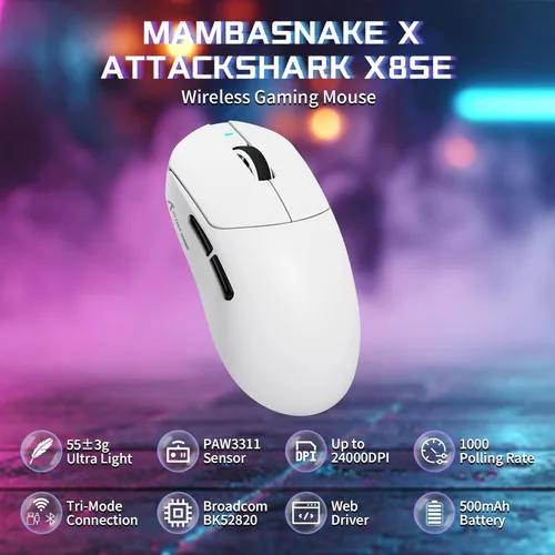 Vista 2 de ATTACK SHARK X8SE - Mouse inalámbrico para juegos, sensor óptico ajustable de 25 K DPI PAW3311, ergonómico de 2.08 oz ligero, triple modo