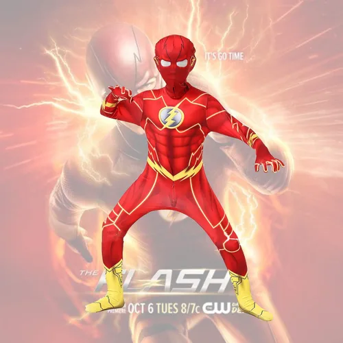 Vista 3 de BinVnog Justice League Superhero Flash Kids Cosplay Bodysuit Costumes