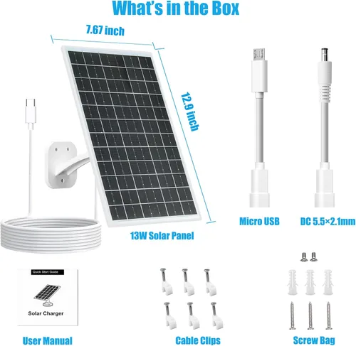 Vista 2 de Panel Solar de 13W para Cámaras de Seguridad al Aire Libre, USB-C, Micro USB y Salida DC de 5.5x2.1mm, Montura de 360°, Resistente al Agua IP66