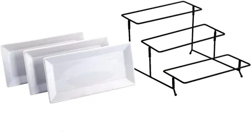 Vista 3 de Soporte con 3 niveles de bandejas rectangulares para mostrar y servir postres y otros alimentos, color blanco