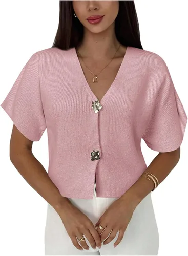 Vista 19 de SOLY HUX Cárdigan de manga corta con cuello en V para mujer Caqui liso.