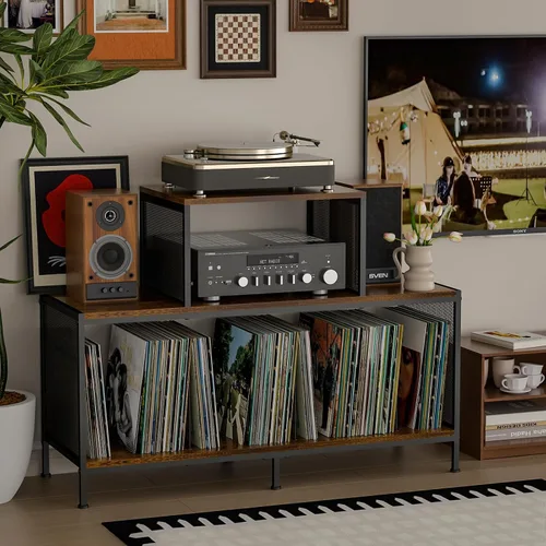 Vista 7 de Sonyabecca Espaciosa mesa de tocadiscos vintage – Capacidad para 150 – 250 álbumes de vinilo, divisores ajustables, áreas de visualización lateral