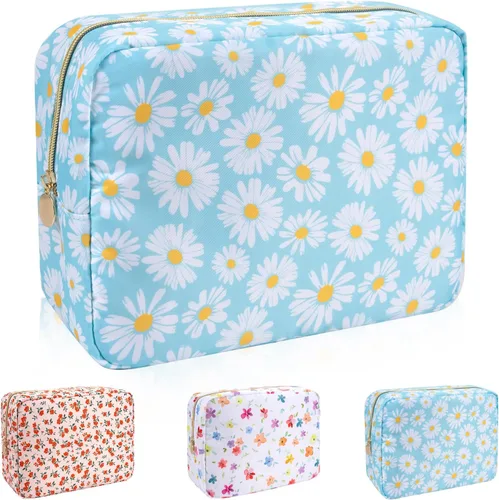 Vista 15 de Iqimott Bolsa Grande de Maquillaje de Nylon, Neceser de Viaje, Bolsa Grande de Cosméticos Preppy, Organizador de Maquillaje de Nylon, Bolsa de Beige