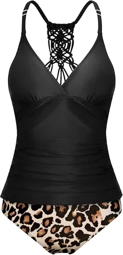 Vista 5 de Holipick Conjunto de tankini de dos piezas con control de abdomen para mujer, con cuello en V, tankini con parte inferior