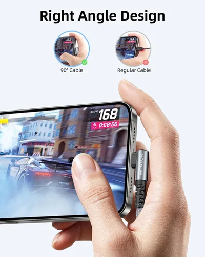 Vista 2 de Cable USB C a USB C en ángulo recto corto de 1 pie, paquete de 3 gris y blanco