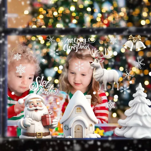 Vista 6 de Adhesivos de ventana de Navidad, calcomanías de ventana de Navidad 3D, color blanco, de doble cara para decoraciones de Navidad (8 hojas)