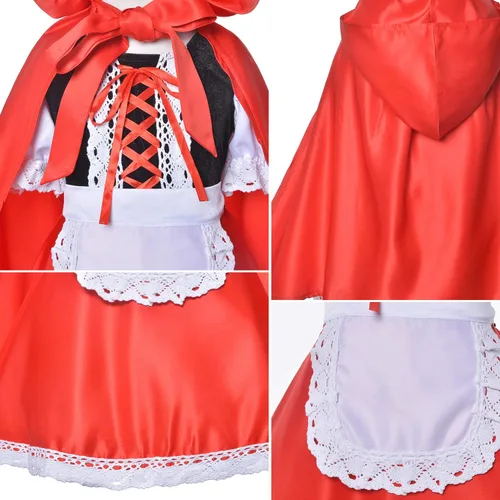 Vista 5 de Vestido de Caperucita Roja, disfraz de Navidad para niñas con capa, diadema, bolsa (2-12 años)