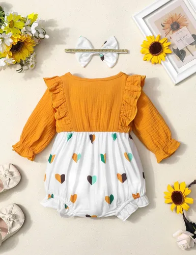 Vista 4 de Ropa de bebé niña con volantes de manga larga de algodón y lino con botón + diadema 2 piezas de otoño para bebé niña