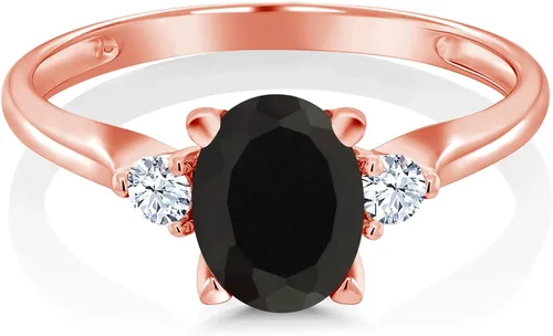 Vista 2 de Gem Stone King Anillo de compromiso ovalado de oro rosa de 10 quilates, ónix negro y zafiro blanco creado con 3 piedras para mujer