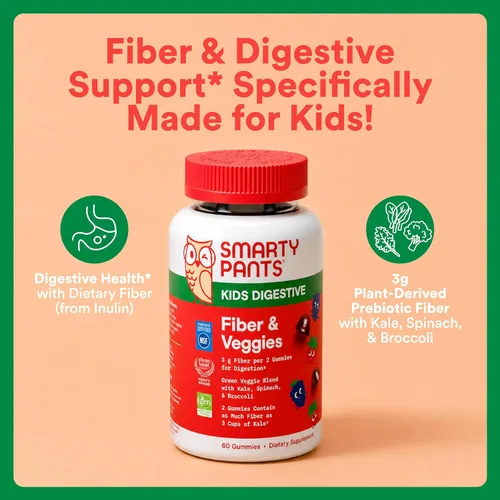 Vista 2 de SmartyPants Kids Fiber & Veggies: Gomitas de fibra prebiótica para niños, suplemento de fibra con inulina, mezcla orgánica de verduras verdes