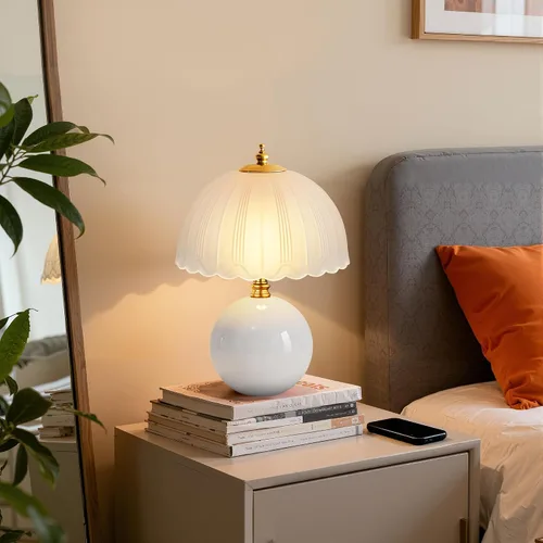 Vista 8 de PARTPHONER - Lámpara de mesa de hongo, lámpara de mesita de cerámica con pantalla de vidrio, iluminación de 3 vías (2700K-5000K) con interruptor