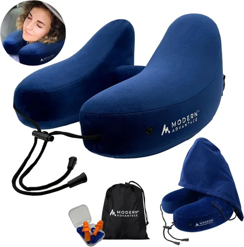Vista 10 de Modern Advantage Almohada inflable de viaje para aviones con capucha cómoda, soporte ajustable para el cuello, almohada ligera y compacta para Negro