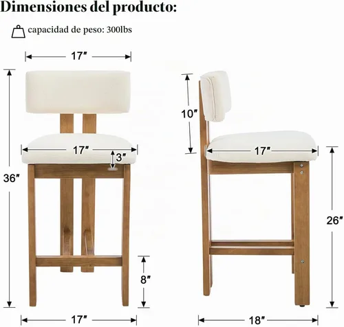 Vista 2 de DUOMAY Juego de 2 taburetes de bar modernos de 26 pulgadas, taburetes de bar de madera de granja, taburetes de bar tapizados de felpilla blanca