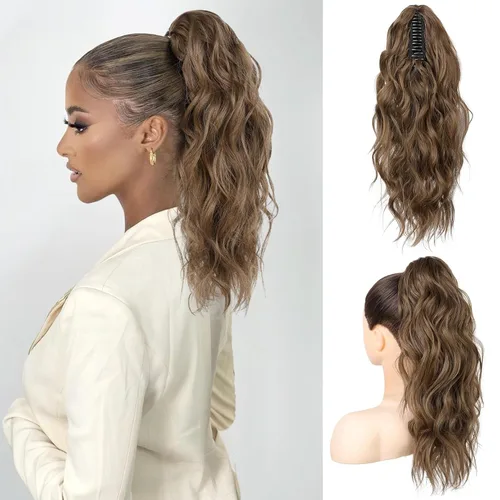 Vista 11 de FLUFYMOOZ Extensión de cola de caballo, extensión de cola de caballo con clip de garra de 18 pulgadas, extensiones de cabello ondulado y rizado