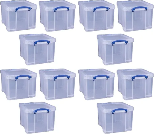 Vista 9 de Really Useful Box Paquete de 3 contenedores de almacenamiento de plástico transparente con tapas y asas de clip, 32 litros - Contenedores
