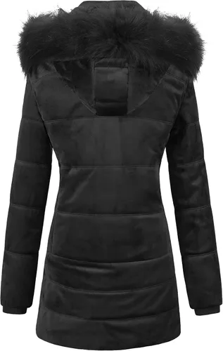 Vista 2 de Chrisuno Abrigo de invierno cálido para mujer, chaqueta acolchada de terciopelo con capucha de piel sintética acolchada