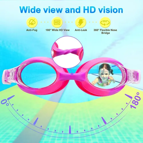 Vista 3 de Gafas de natación para niños con estuches, paquete de 2 gafas de natación antivaho sin fugas 180° visión clara gafas para niños