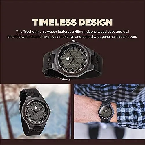 Vista 2 de treehut Reloj de madera de ébano para hombre con correa de cuero negro genuino..., Negro Natural 4, Reloj de cuarzo