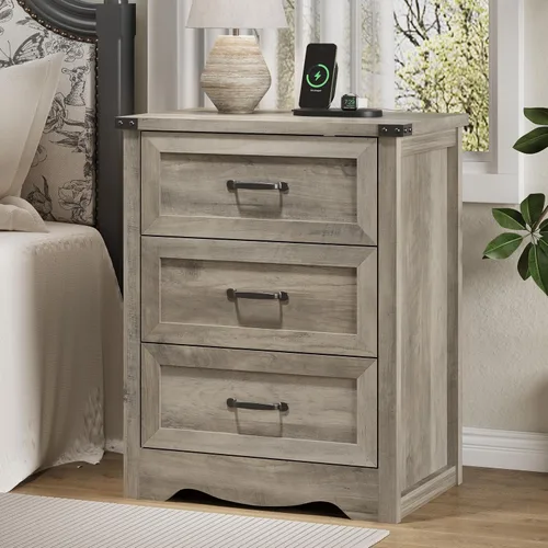 Vista 11 de Mesita de noche con 3 cajones, mesa auxiliar de 61 cm de ancho estilo granja, mesa de noche de madera rústica con asa metálica, cómoda moderna