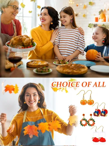 Vista 3 de Juego de 20 pares de aretes colgantes de Halloween, otoño, Acción de Gracias, diseño de calabaza, esqueleto, Navidad, para mujeres y niñas