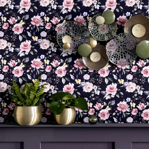 Vista 2 de Blooming Wall DPY53-D Papel pintado de rosas frescas de acuarela con hojas boho texturizadas despegar y pegar autoadhesivo papel pintado pre-pegado